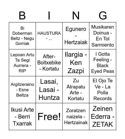 Ikasle Eguna Bingo Card