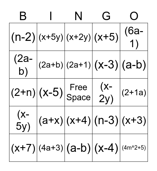 Factoring Bingo Card