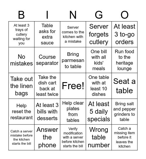 Server Assist Bingo Card