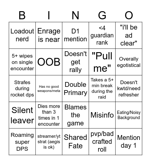 Destiny 2 Lfg Bingo Card