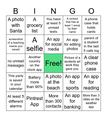 Cell Phone Scavenger Hunt Bingo Card