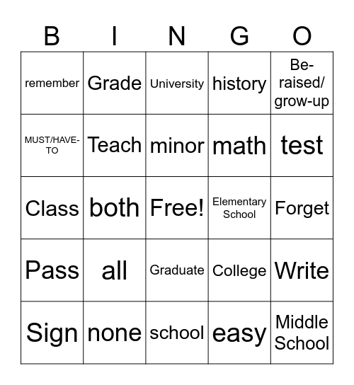 Language and School (ALL Vocab) Bingo Card