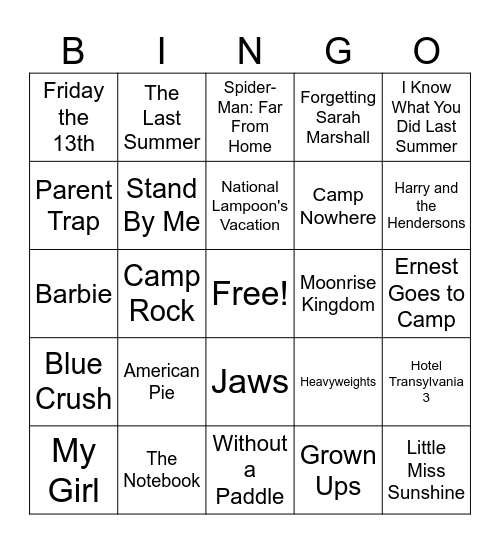 Summer Movie Bingo Card