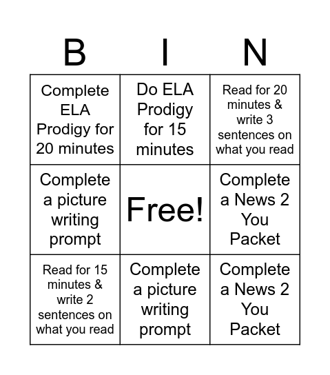 ELA BINGO Card