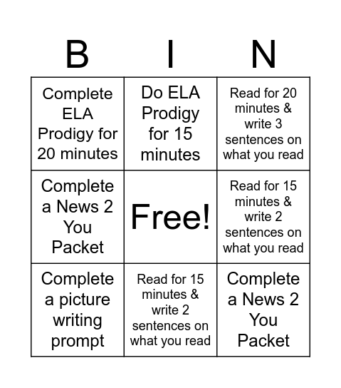 ELA BINGO Card