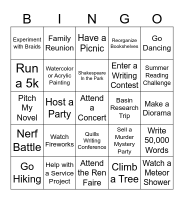 Summer Bucket List Bingo Card