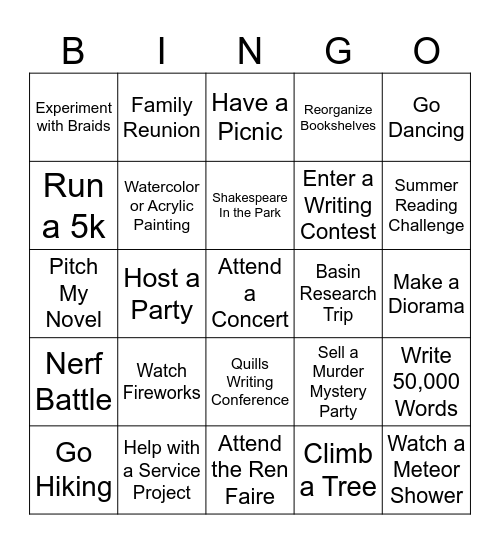 Summer Bucket List Bingo Card