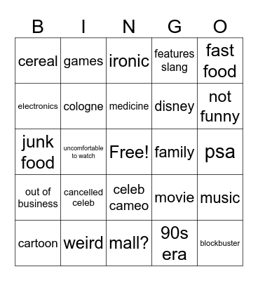 90s Commercials Bingo Card