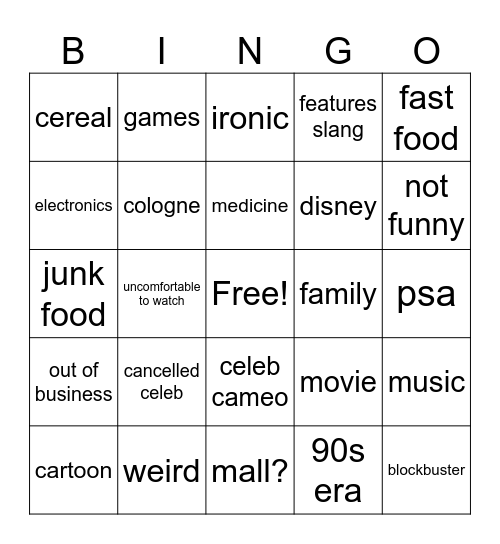 90s Commercials Bingo Card