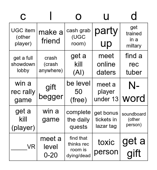 Cloudy Bingo Card