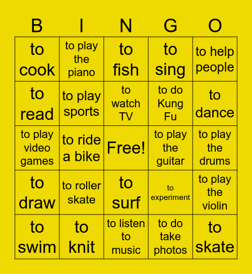 Hobbies Bingo Card