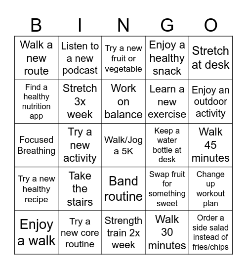 Summer Health and Fitness Bingo Card