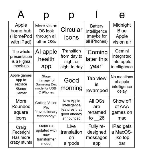 WWDC 2025 Bingo Card