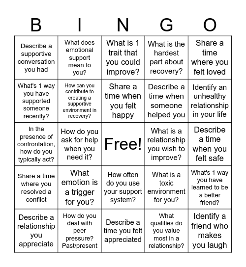 Positive Relationships Bingo Card