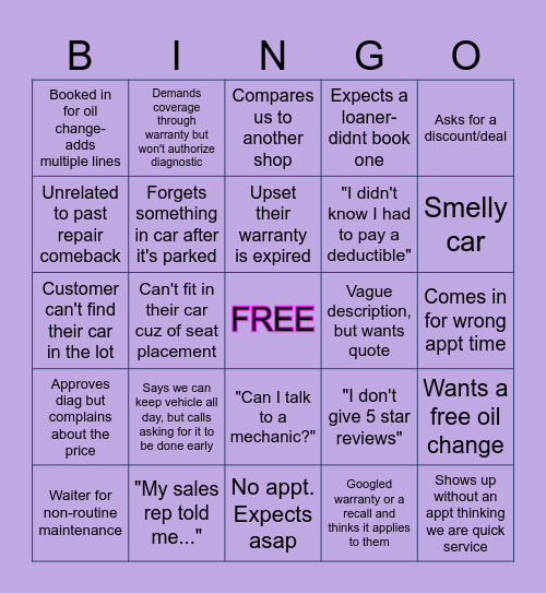 Service Advisor Bingo Card