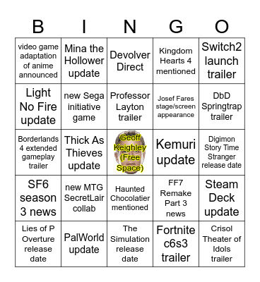 Summer Games Fest 2025 (June 6th) Bingo Card