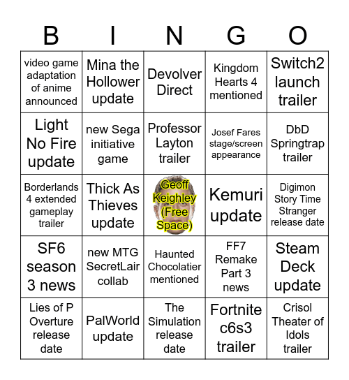 Summer Games Fest 2025 (June 6th) Bingo Card