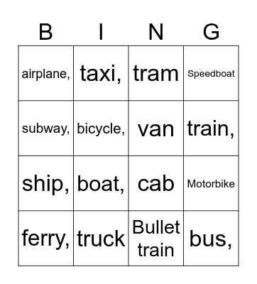 U7 TRANSPORTATION Bingo Card