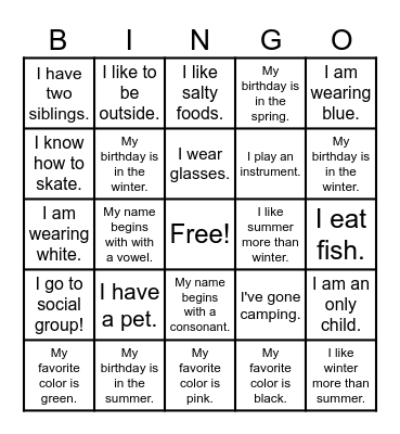 Get to Know Me Bingo Card
