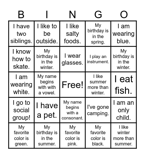 Get to Know Me Bingo Card