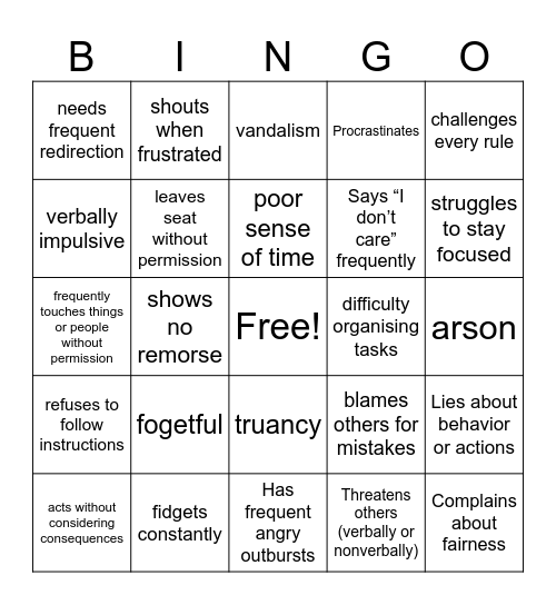 Externalising Disorders Bingo Card