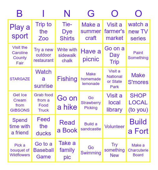 JUNE SUMMER PICTURE BINGO BOARD Bingo Card