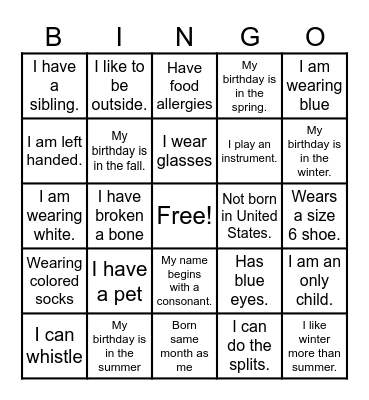 Get to Know Me Bingo Card