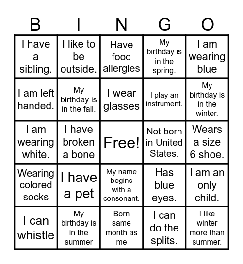 Get to Know Me Bingo Card