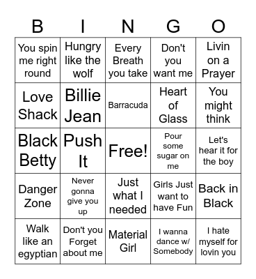 Musical Bingo 80's Bingo Card