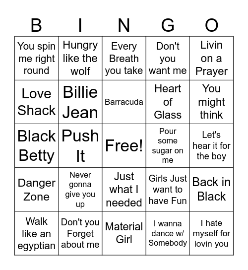 Musical Bingo 80's Bingo Card