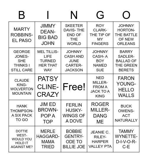 COUNTRY OF THE 60s Bingo Card