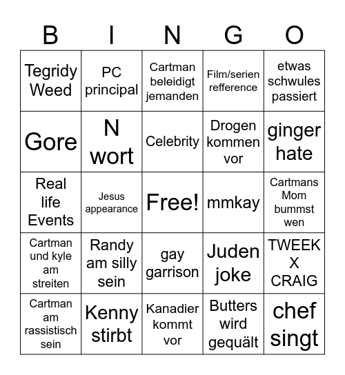 South Park Bingo Card