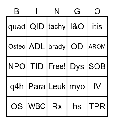 Medical Terminology Bingo Card