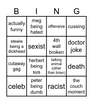 family guy Bingo Card
