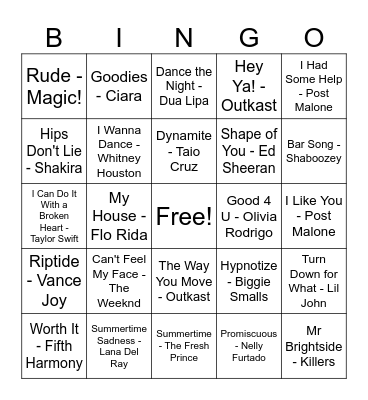 All Time Summer Jams Bingo Card