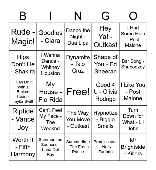 All Time Summer Jams Bingo Card