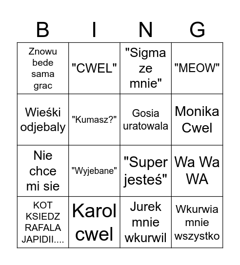 Kornelka Bingo Card