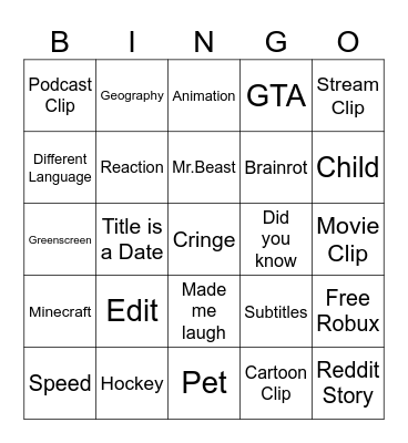 Youtube Shorts Bingo Card