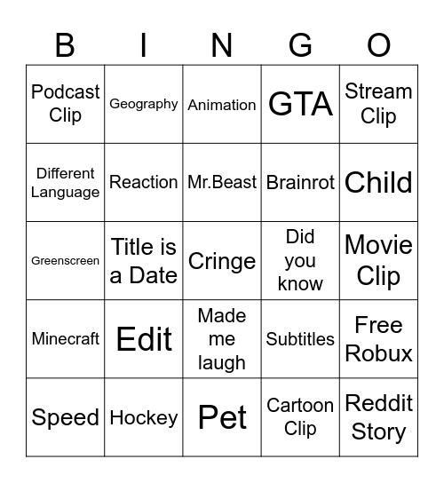 Youtube Shorts Bingo Card