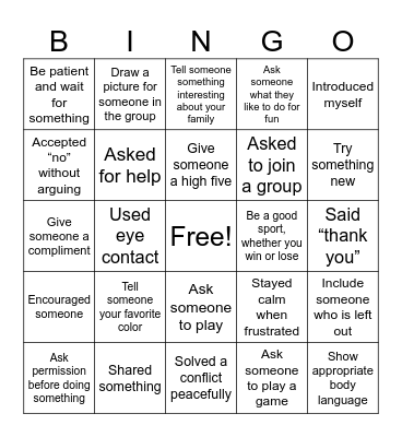 Social Skills Bingo Card