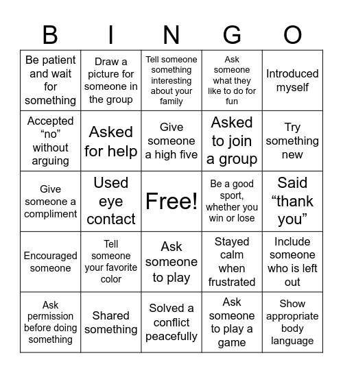 Social Skills Bingo Card