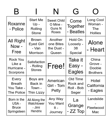 Classic Rock Hits Bingo Card