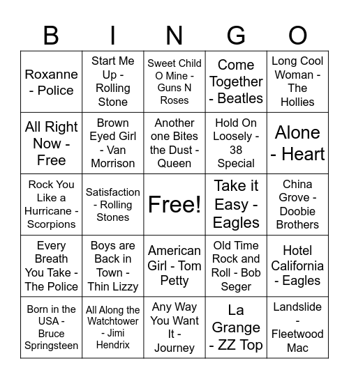 Classic Rock Hits Bingo Card