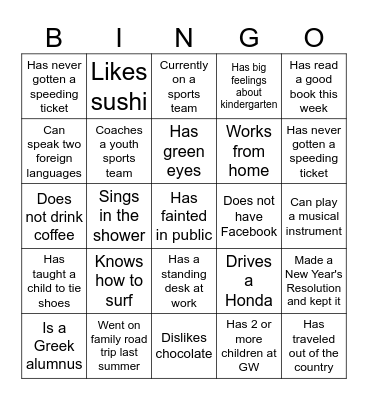 Parent Orientation Bingo Card