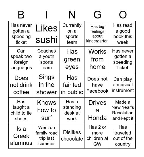 Parent Orientation Bingo Card