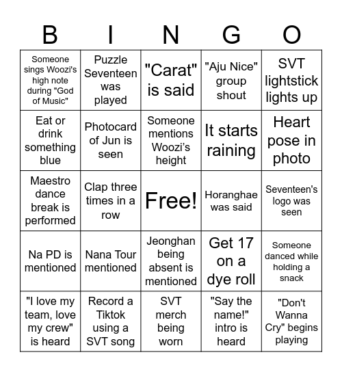 Seventeen Bingo Card