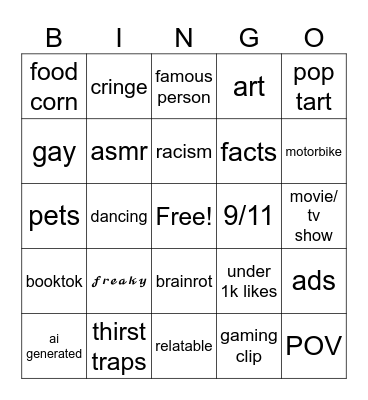 IG reels Bingo Card