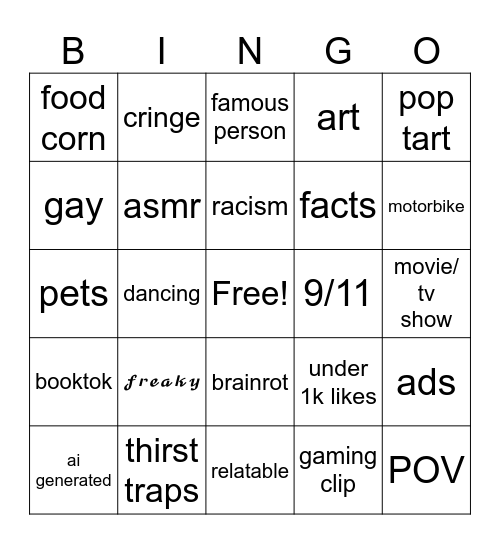 IG reels Bingo Card