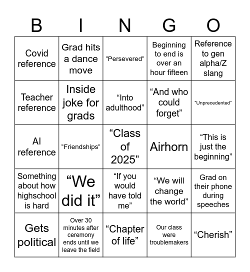 Graduation 2025 Bingo Card