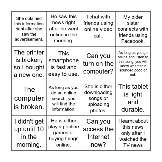 Unit 3 Revision Bingo Card